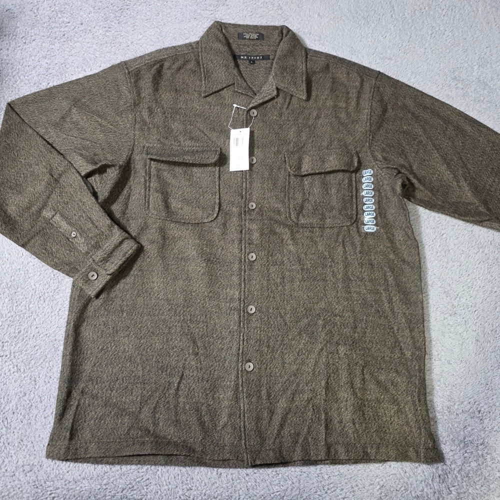M.E. Sport Mens Large Button Up Shirt Olive Brown Textured Utility Flap Pockets
